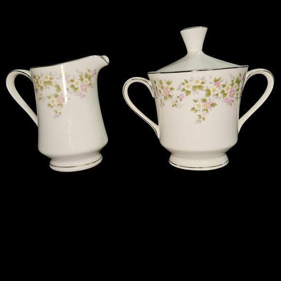 VTG Treasure Chest Lenore Creamer & Sugar Bowl w/ Lid Japan Floral Silver Trim - Picture 3 of 7